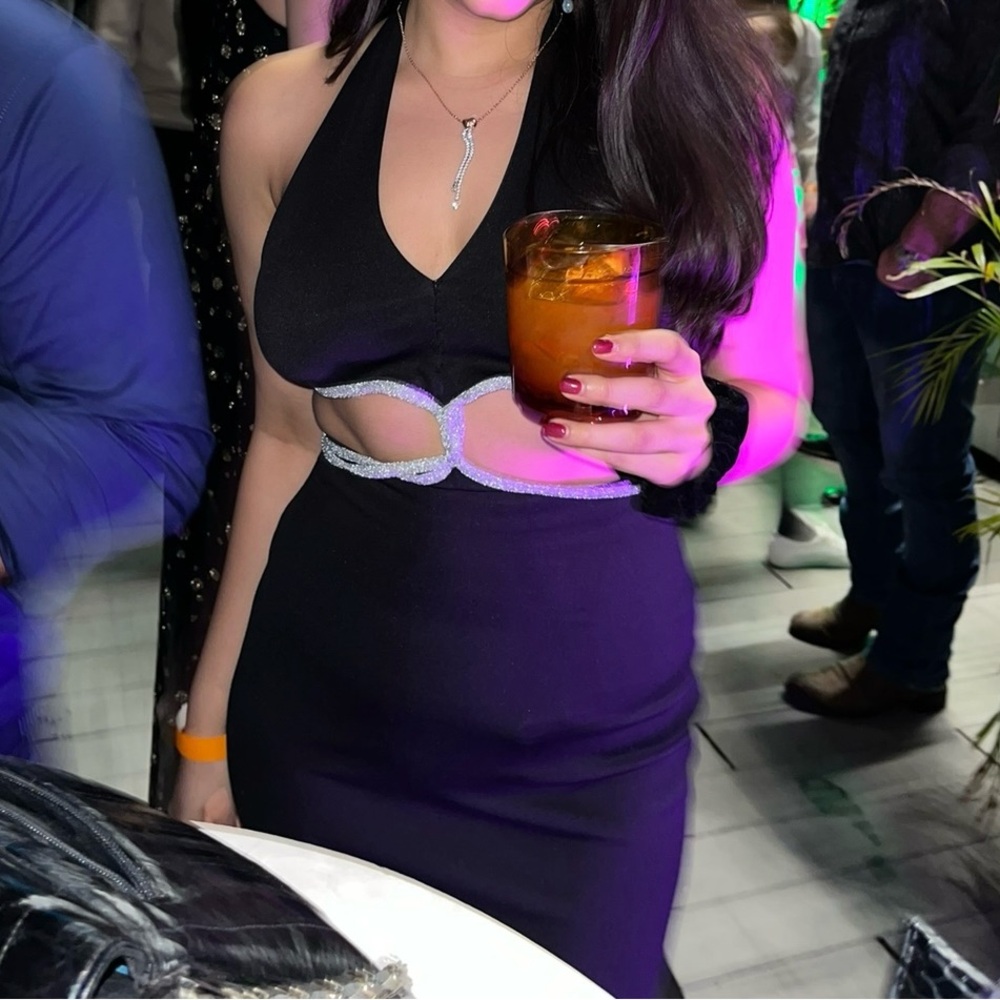 Elegant Black Halter Dress with Silver Accents